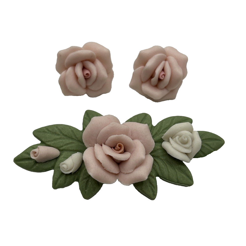 Porcelain Pink Rose‎ Brooch & Earrings Flower Floral Green Leaf Ceramic Petals
